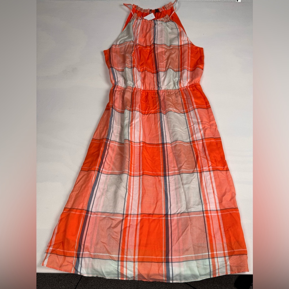 ❗️SOLD❗️NWT Ann Taylor Factory Orange Plaid Halter Midi Dress Women’s L